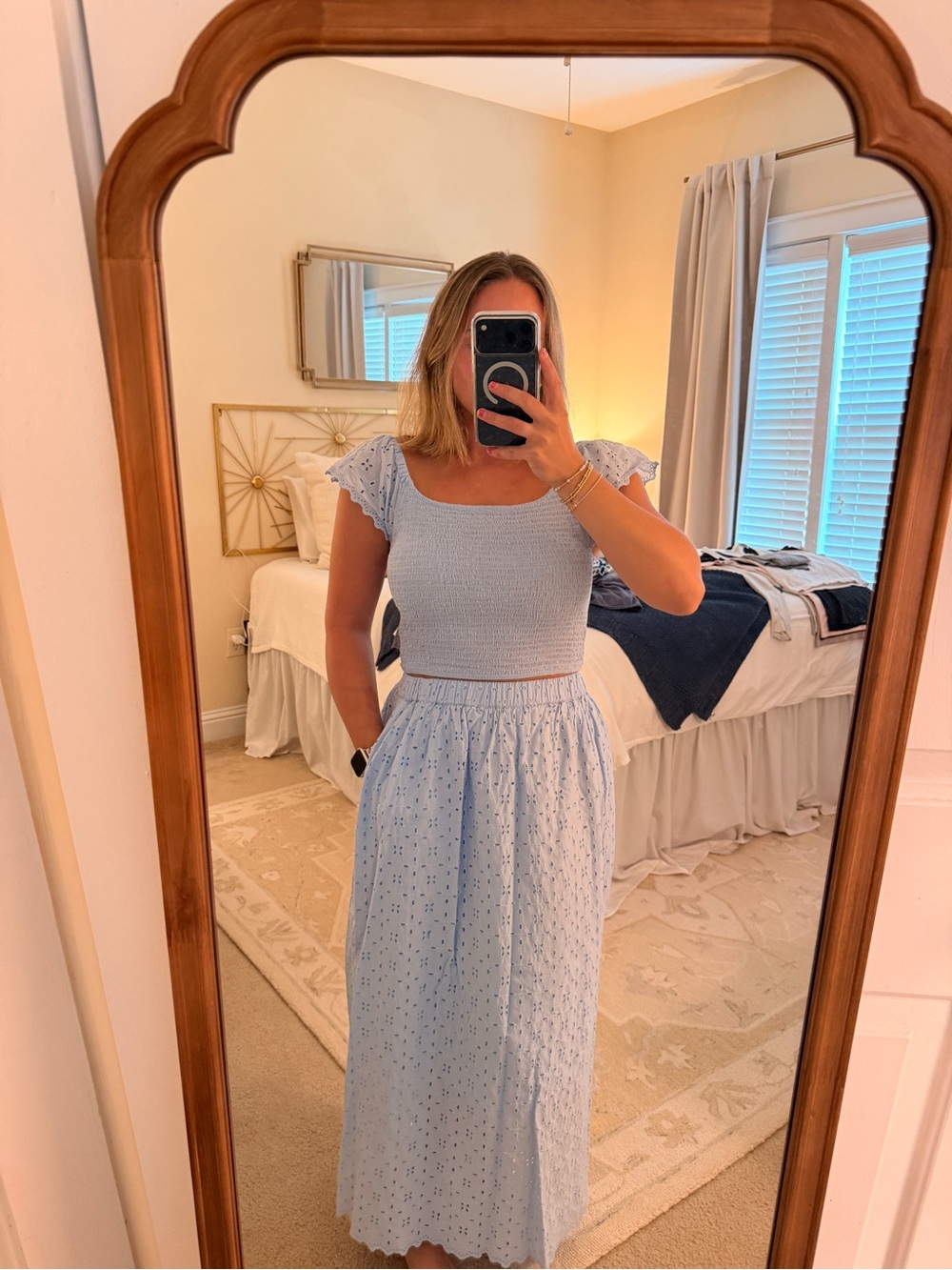 Light Blue Eyelet Set with Smocked Top